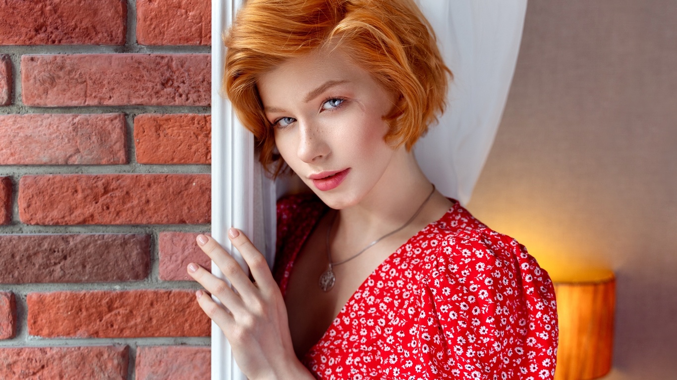 anastasia zhilina, women, model, redhead, women indoors, red dress, flower dress, window, lamp, curtains, face, short hair