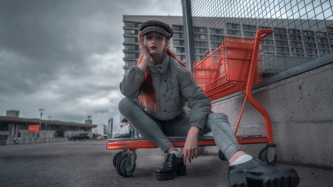 women, model, redhead, women outdoors, public, jeans, heeled shoes, jacket, clouds, sky