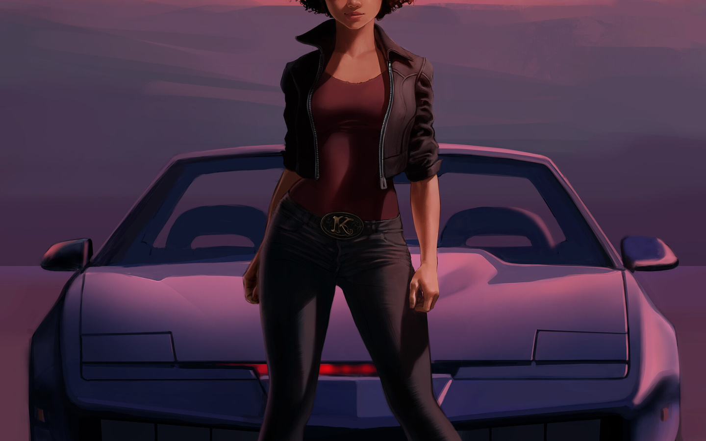 ivan talavera, k.i.t.t., digital art, tv series, sports car, black cars, knight rider, women, brunette, desert, curly hair, jeans, sneakers, bodysuit, jacket