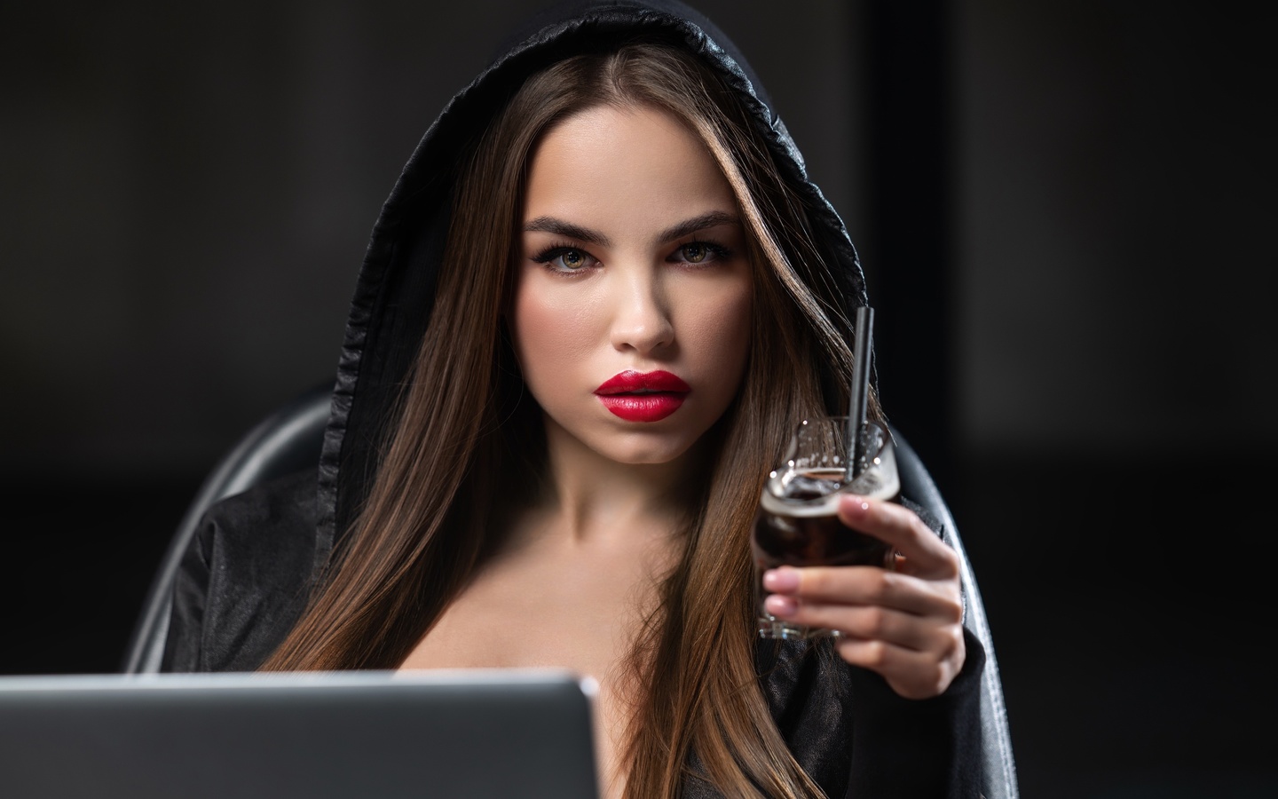 women, model, brunette, women indoors, soda, sweatshirt, red lipstick, face, brown eyes, laptop, looking at viewer, chair, sitting