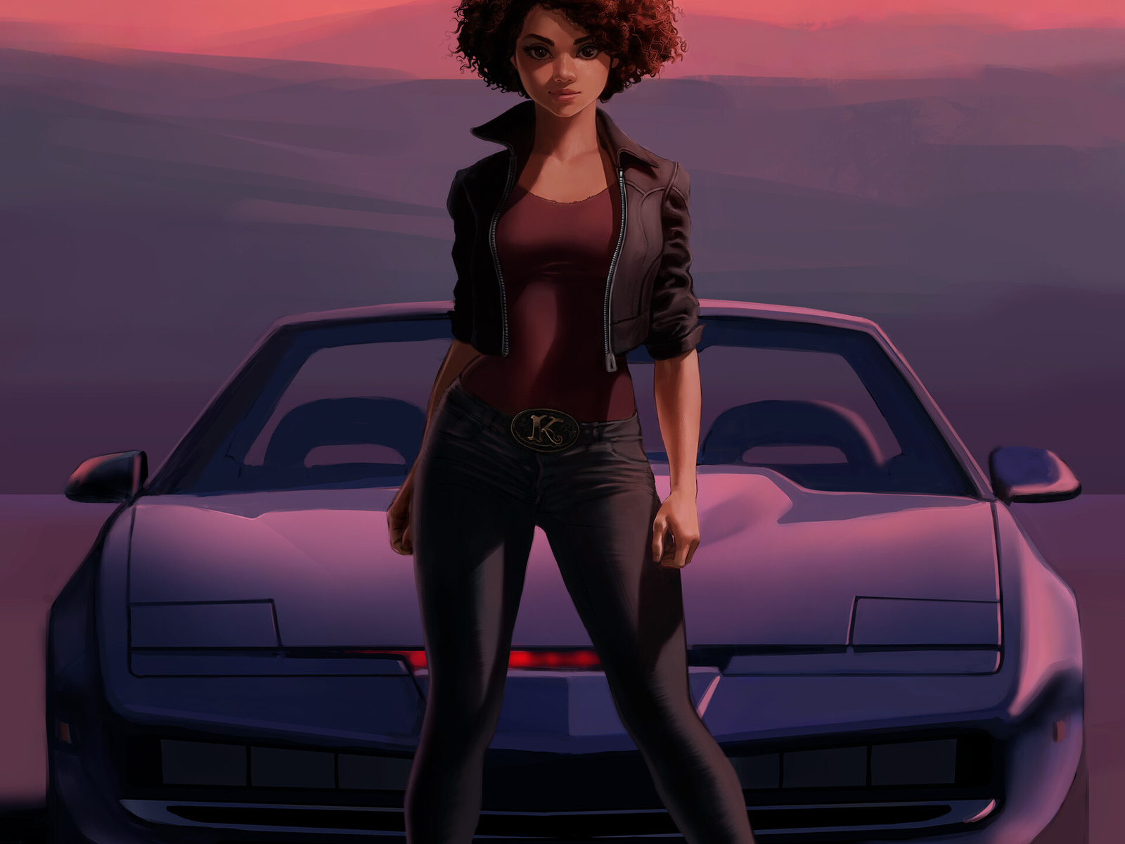 ivan talavera, k.i.t.t., digital art, tv series, sports car, black cars, knight rider, women, brunette, desert, curly hair, jeans, sneakers, bodysuit, jacket