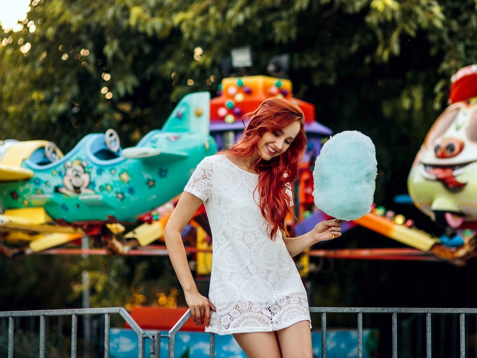 women, model, redhead, women outdoors, theme parks, white dress, dress, cotton candy, trees, smiling