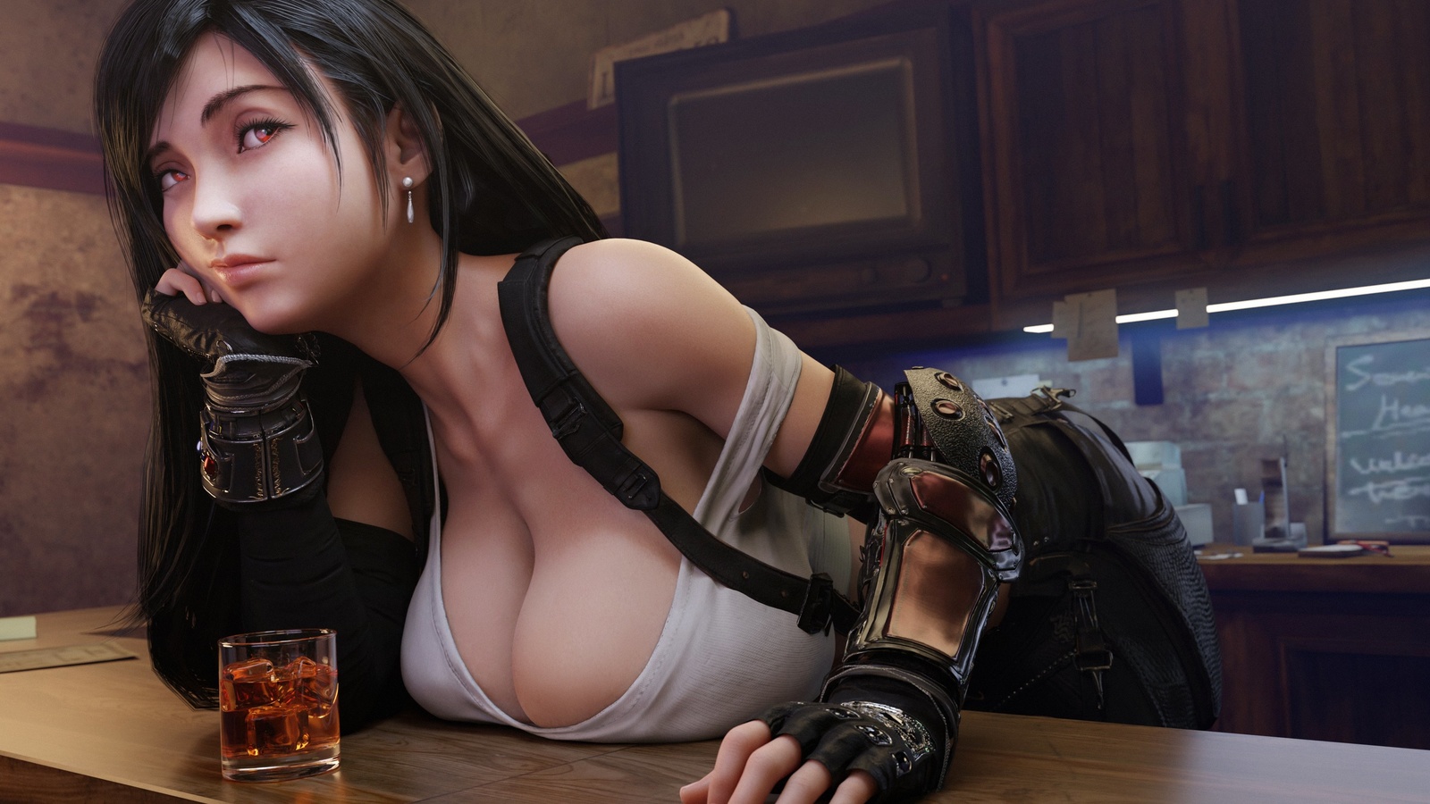 tifa lockhart, final fantasy, women, brunette, 3d, video game girls, video games, gloves, black gloves, bar, t-shirt, red eyes, suspenders, digital art, fan art, indoors, drink