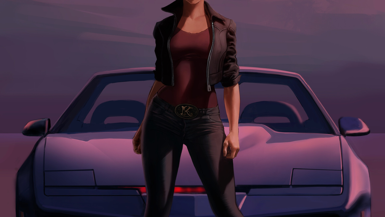 ivan talavera, k.i.t.t., digital art, tv series, sports car, black cars, knight rider, women, brunette, desert, curly hair, jeans, sneakers, bodysuit, jacket