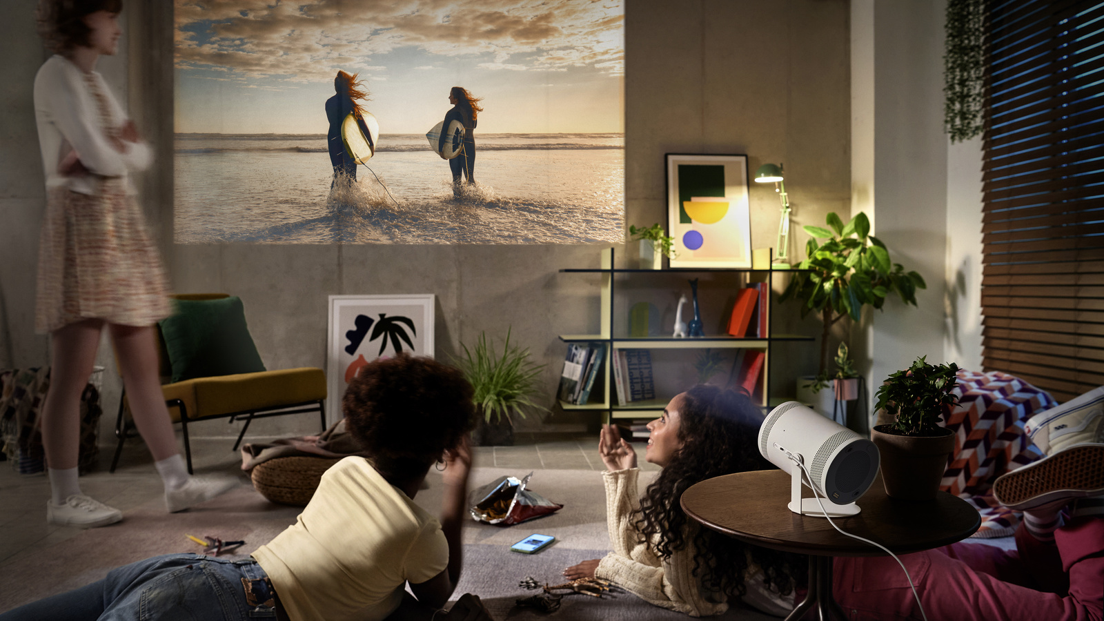 samsung,     ,  , samsung  freestyle, living room interior in modern style, portable projector