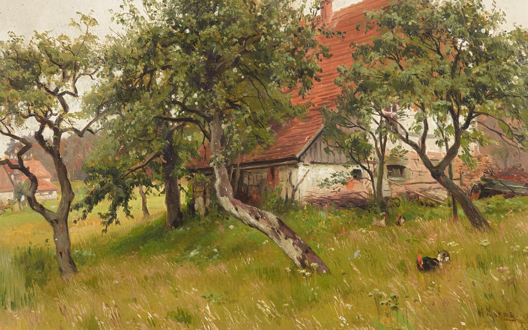 walter moras,  ,  ,    , farm on the outskirts of the village, oil on paper