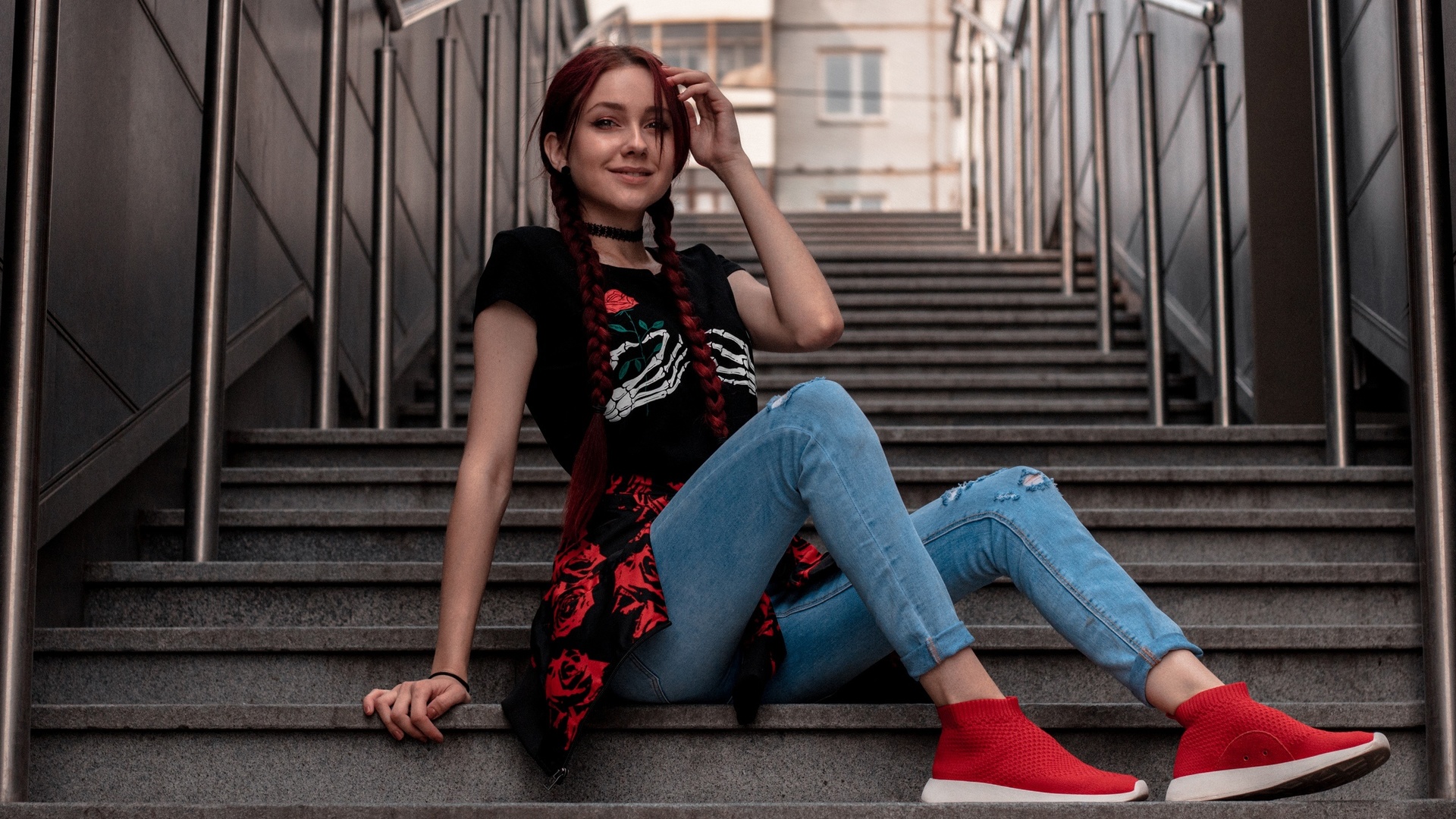 women, model, redhead, public, women outdoors, stairs, sitting, jeans, black t-shirt, t-shirt, jacket, braids, sneakers