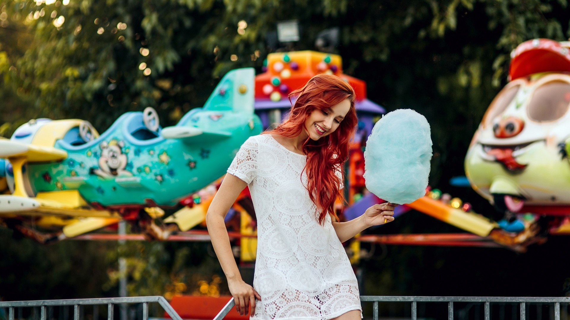 women, model, redhead, women outdoors, theme parks, white dress, dress, cotton candy, trees, smiling