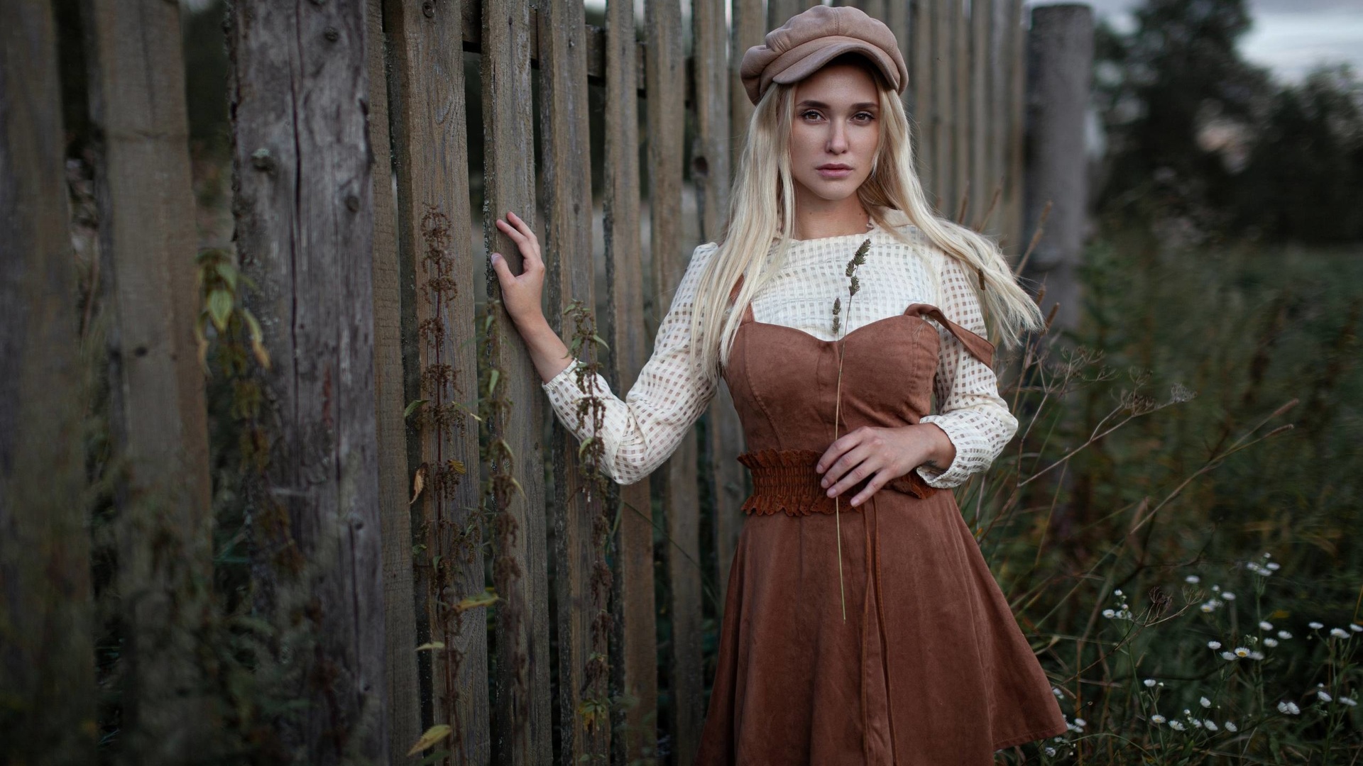 women, model, blonde, women outdoors, grass, blouse, dress, flowers, cap