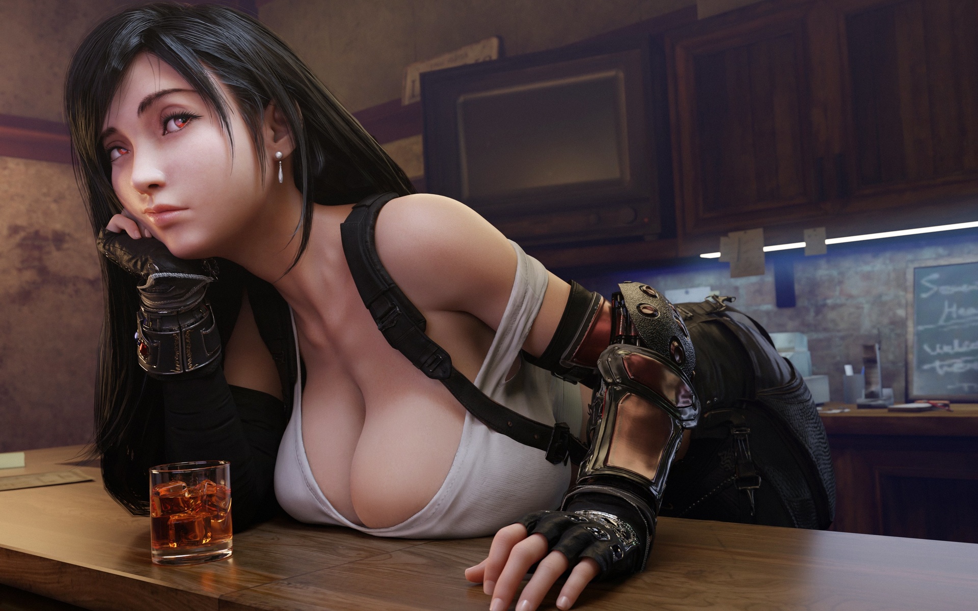 tifa lockhart, final fantasy, women, brunette, 3d, video game girls, video games, gloves, black gloves, bar, t-shirt, red eyes, suspenders, digital art, fan art, indoors, drink