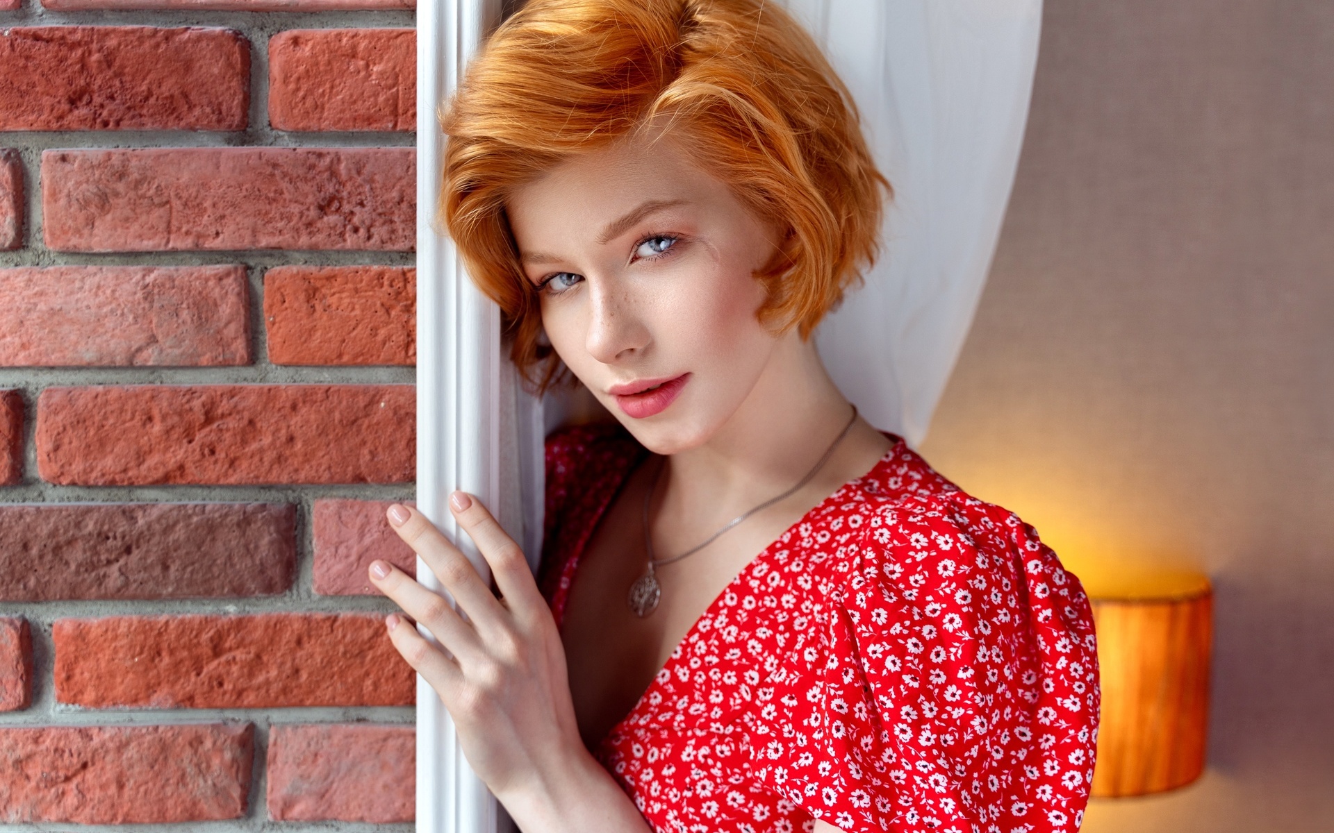 anastasia zhilina, women, model, redhead, women indoors, red dress, flower dress, window, lamp, curtains, face, short hair