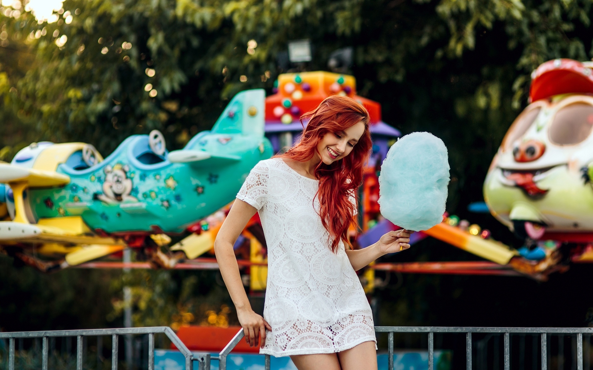 women, model, redhead, women outdoors, theme parks, white dress, dress, cotton candy, trees, smiling