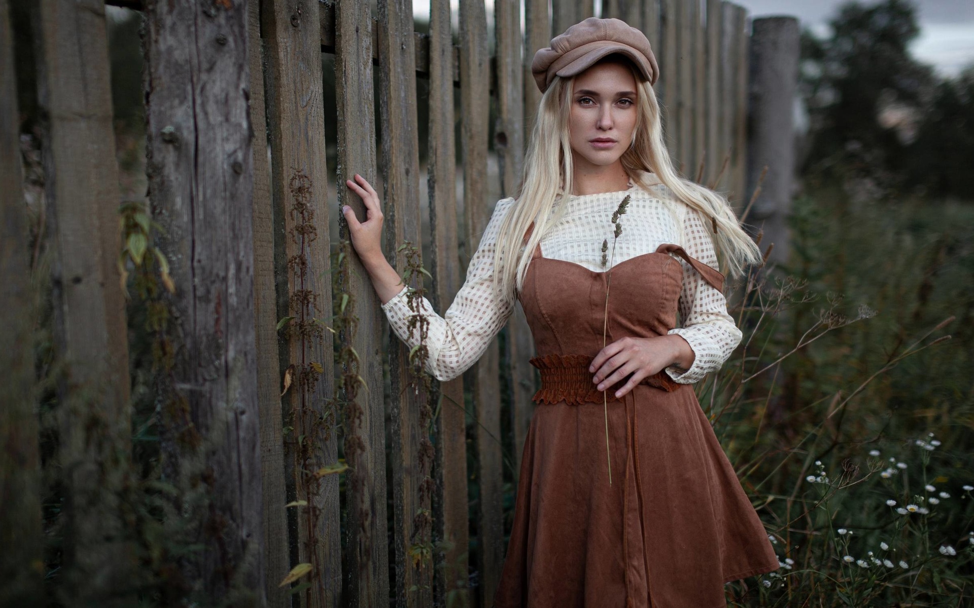 women, model, blonde, women outdoors, grass, blouse, dress, flowers, cap