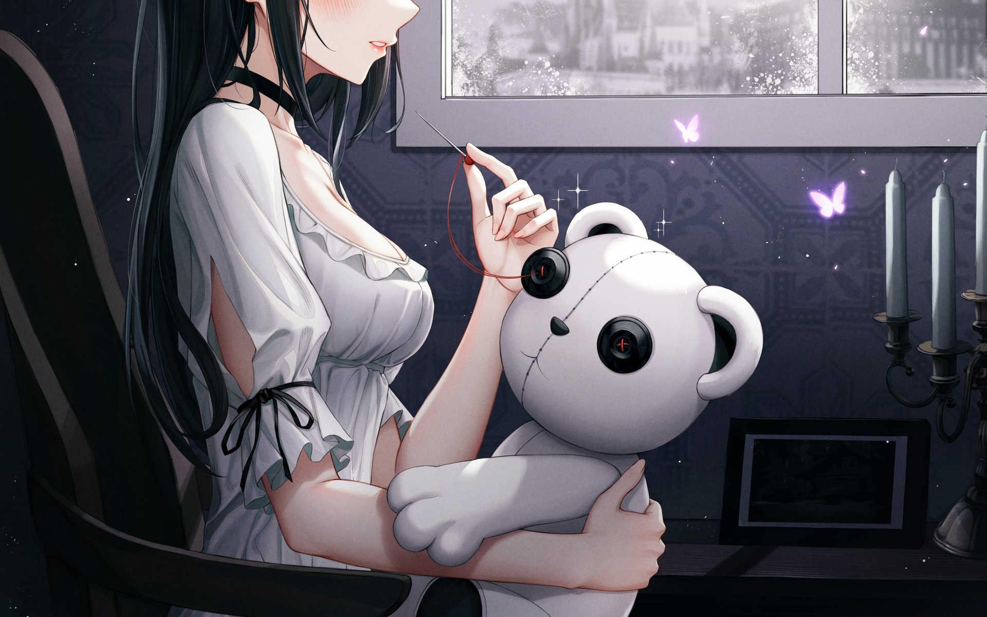 eichi, women, brunette, window, digital art, anime, anime girls, teddy bear, chair, white dress, dress, purple eyes, sitting