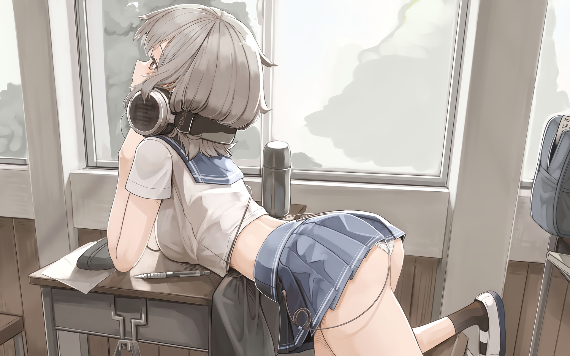 Картинки women, anime, anime girls, schoolgirl, schoolgirl uniform, school  uniform, school skirt, digital art, desk, window, chair, white panties,  short socks, shoes, bent over, ass, headphones - обои 1920x1200, картинка  №491554