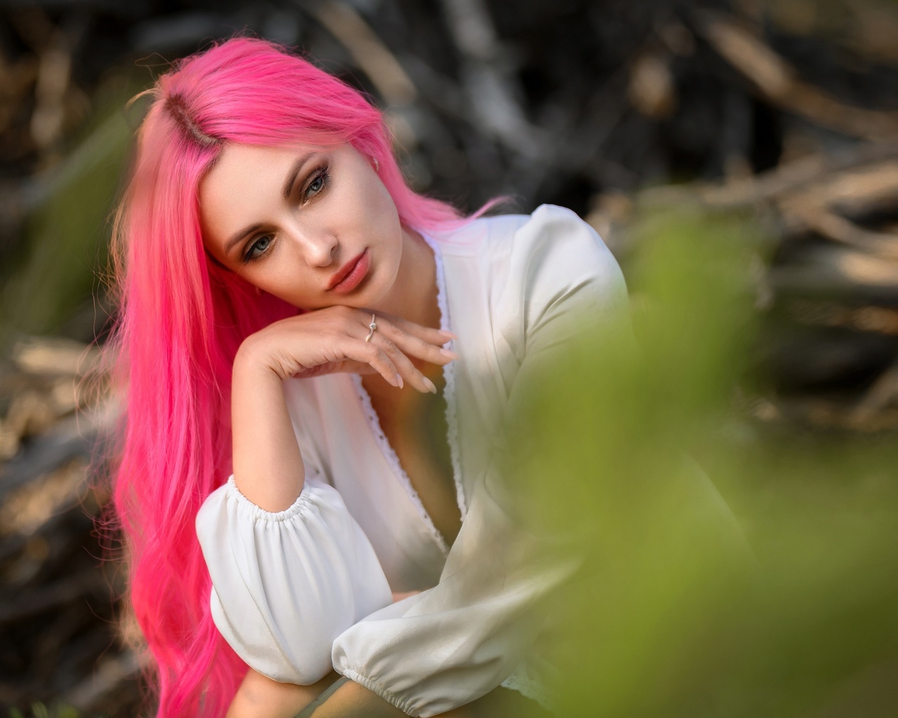 women, model, pink hair, nature, forest, white dress, dress, neckline, sitting, women outdoors