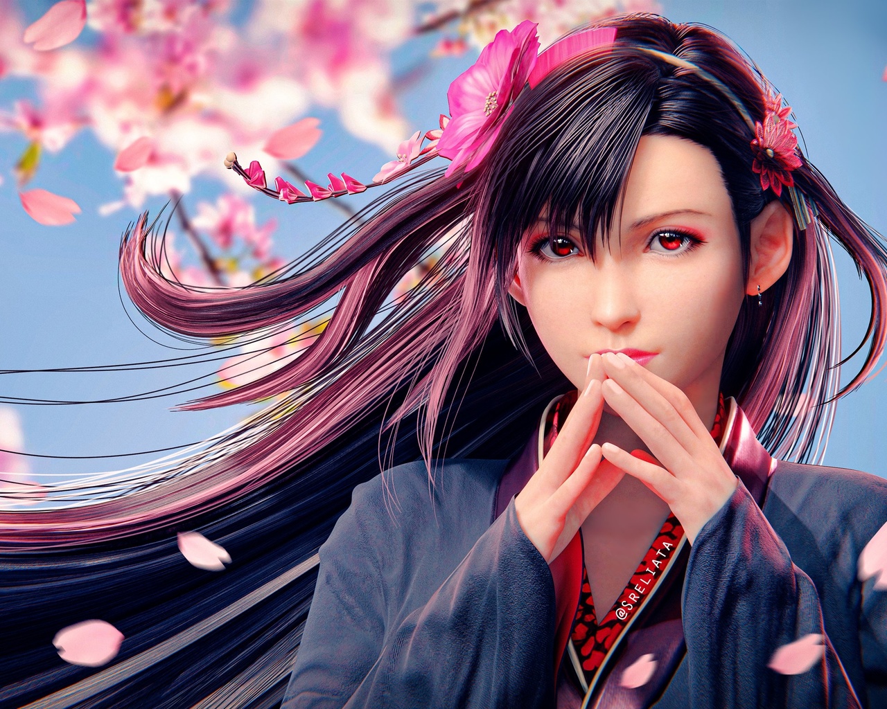 sreliata, tifa lockhart, final fantasy, final fantasy vii, final fantasy vii remake, women, brunette, asian, flowers, digital art, red eyes, kimono, video game girls, video games, long hair