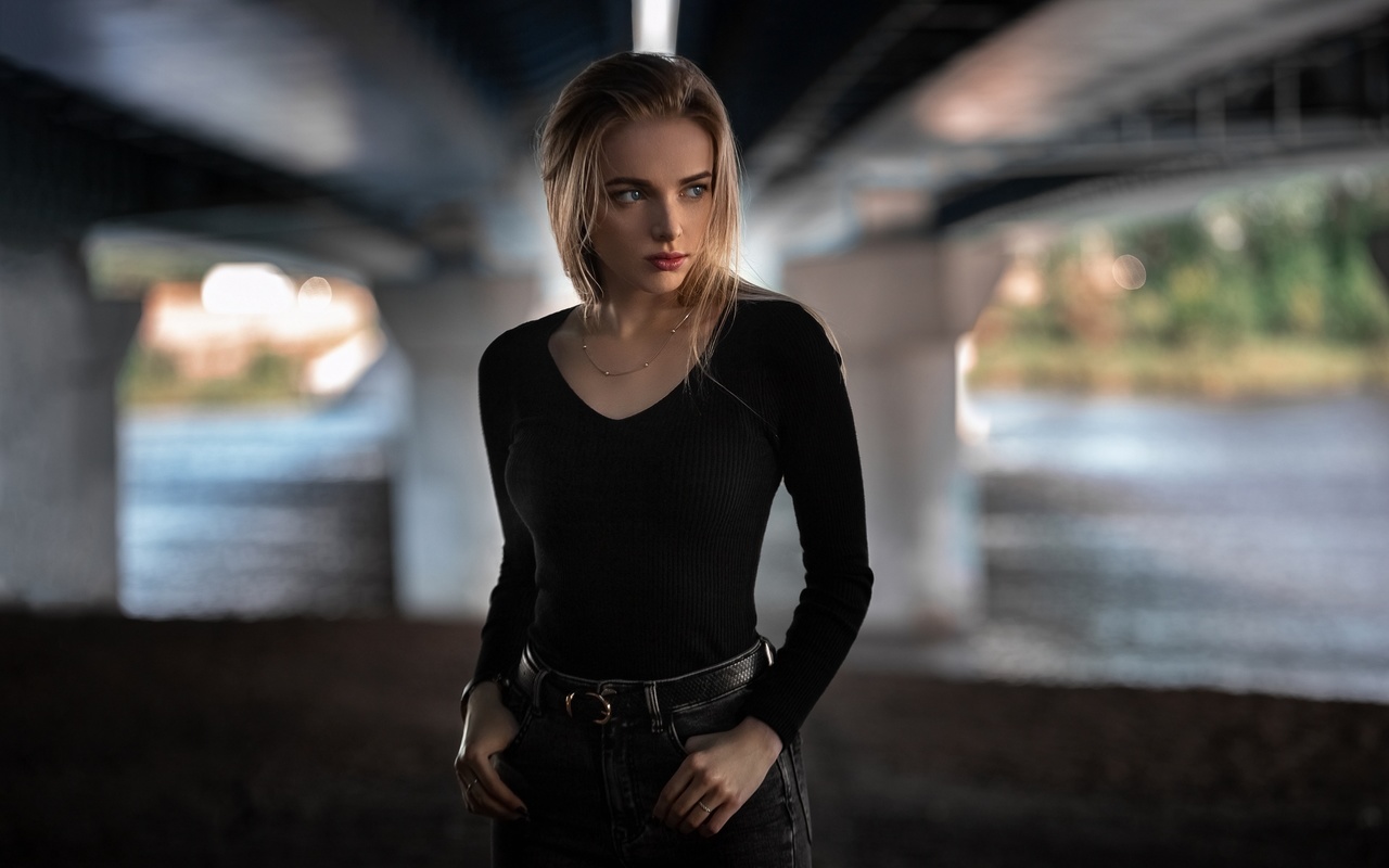 women, model, blonde, women outdoors, jeans, bridge, river, sweater, blouse