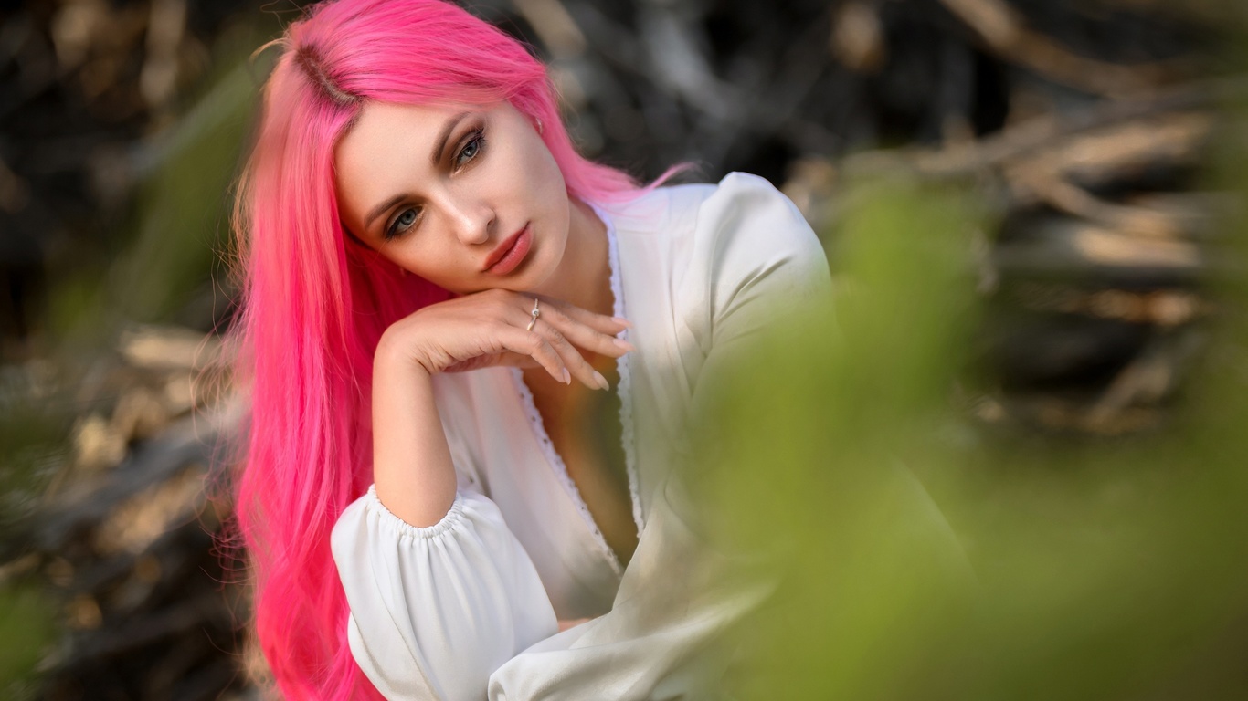 women, model, pink hair, nature, forest, white dress, dress, neckline, sitting, women outdoors