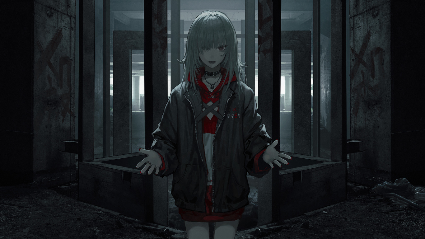 wang xi, digital art, women, sweatshirt, jacket, anime girls, anime, white hair, abandoned, debris, rubble, red nails