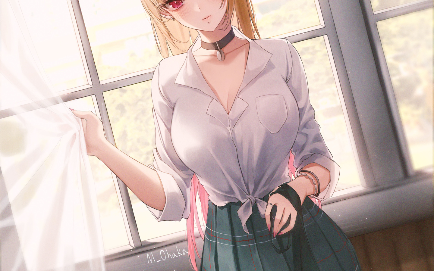 ame 816, kitagawa marin, sono bisque doll wa koi wo suru, blonde, women, anime girls, anime, school uniform, schoolgirl, miniskirt, digital art, pierced ear, window, curtains, pink eyes, white shirt, shirt, school skirt, tie, necktie