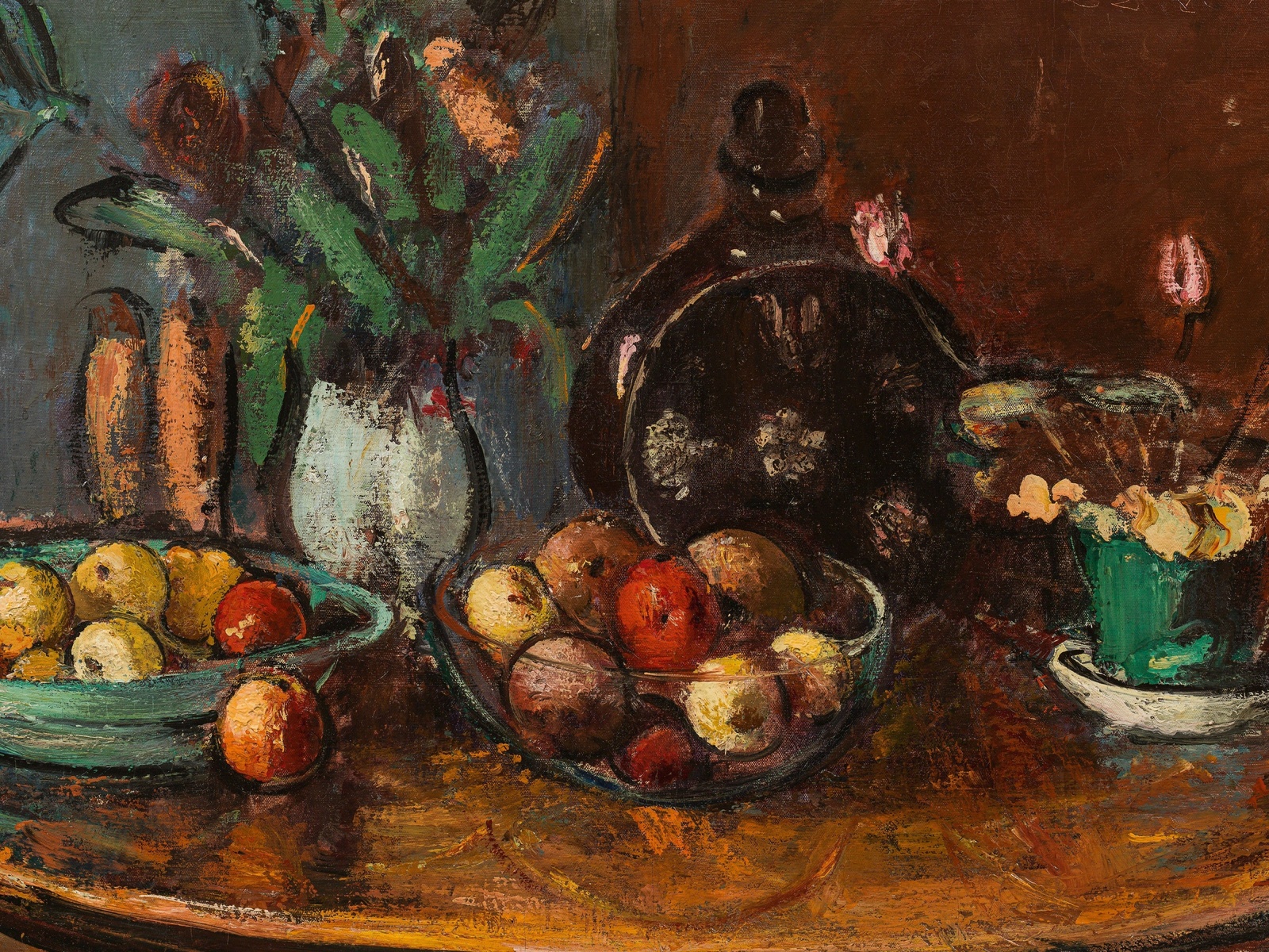 anton faistauer, austrian, 1920, fruit and flower still life with brown bottle