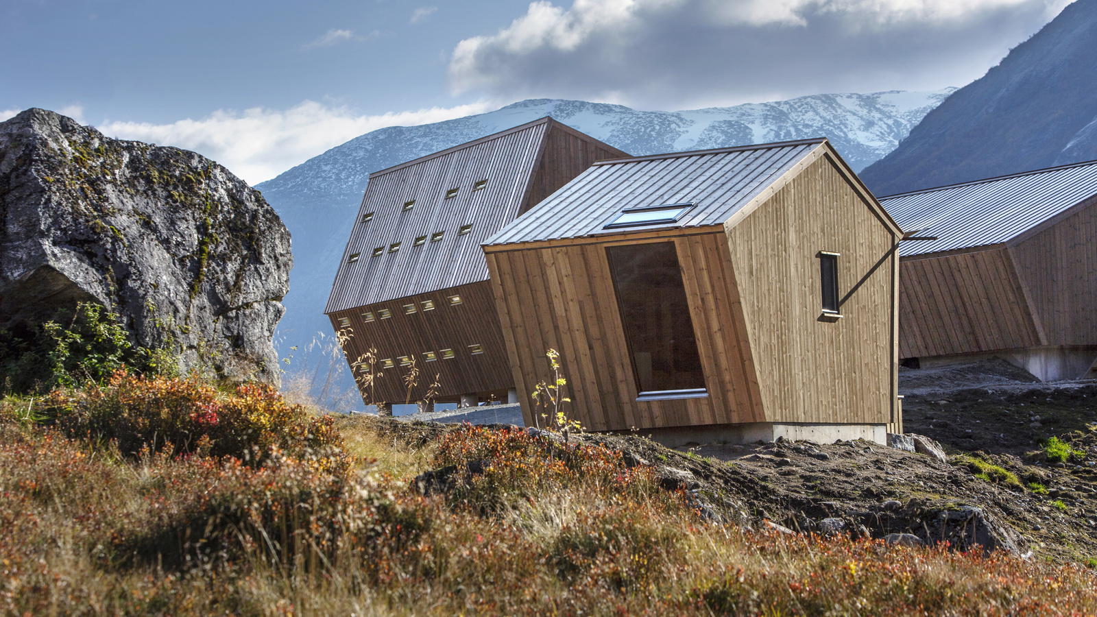 norway, luster, wooden cabins, mountains, tourist cabin, snohetta