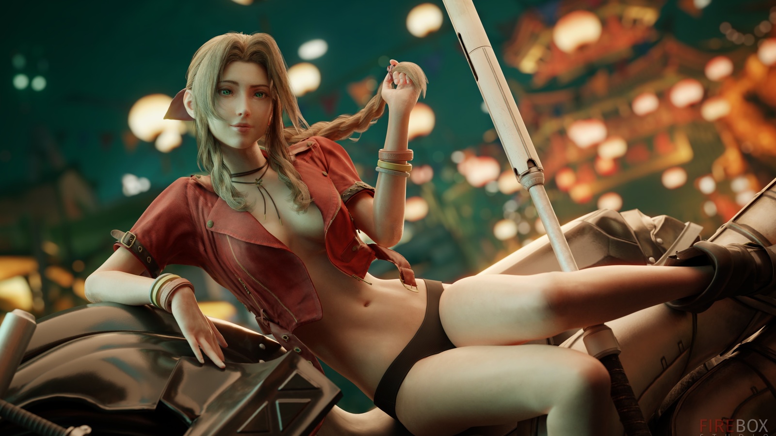 Картинки firebox studio, aerith gainsborough, final fantasy vii, final  fantasy, women, green eyes, motorcycle, open jacket, 3d, video game girls,  video game characters, video games, digital art, leather jacket, braids,  cgi, sitting,