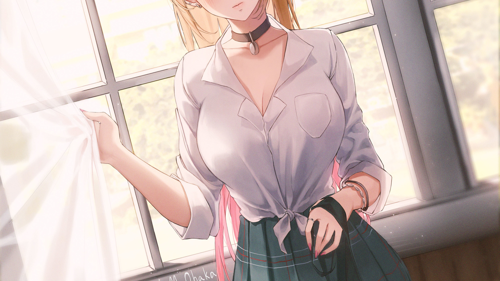 ame 816, kitagawa marin, sono bisque doll wa koi wo suru, blonde, women, anime girls, anime, school uniform, schoolgirl, miniskirt, digital art, pierced ear, window, curtains, pink eyes, white shirt, shirt, school skirt, tie, necktie