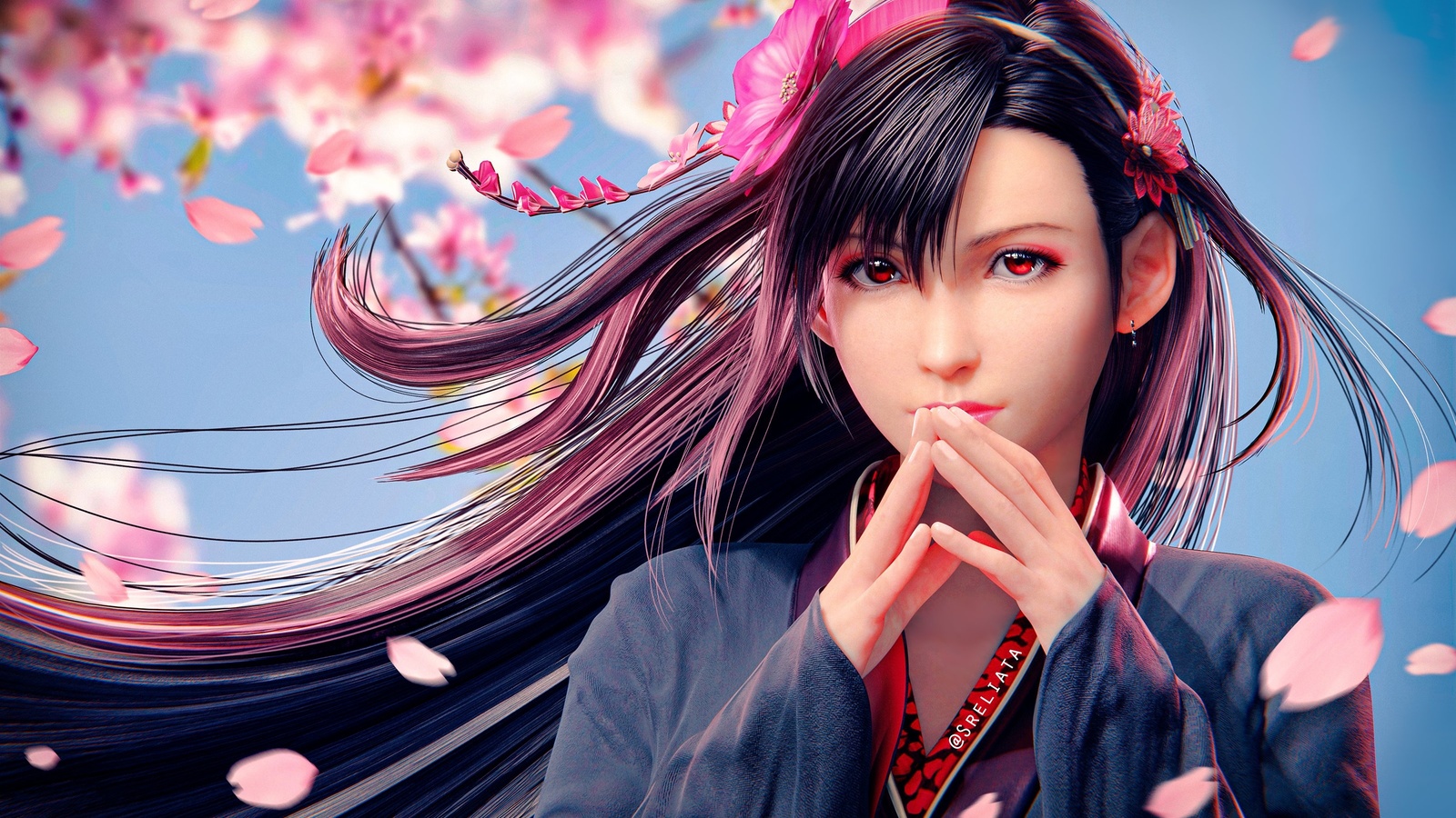 sreliata, tifa lockhart, final fantasy, final fantasy vii, final fantasy vii remake, women, brunette, asian, flowers, digital art, red eyes, kimono, video game girls, video games, long hair