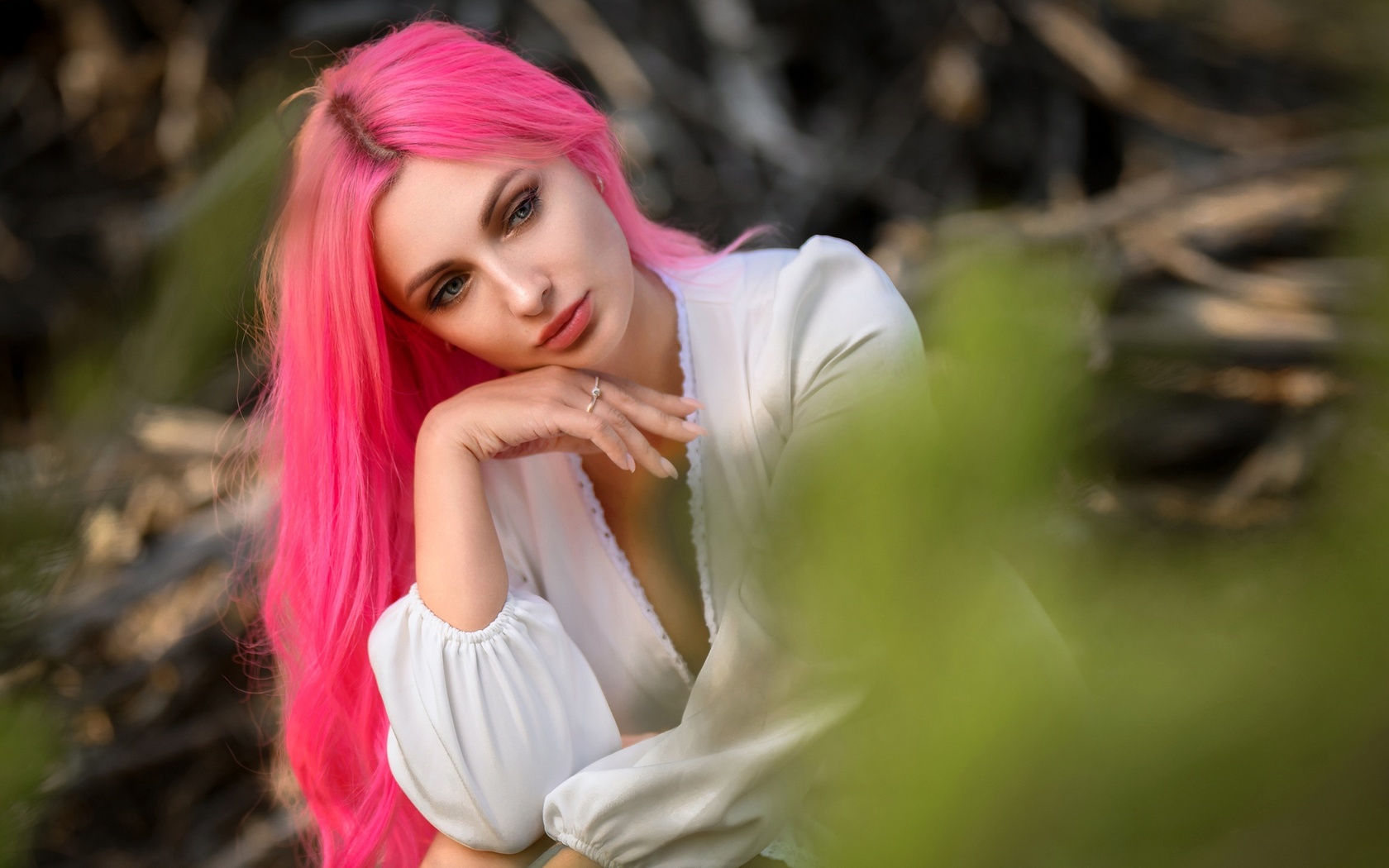 women, model, pink hair, nature, forest, white dress, dress, neckline, sitting, women outdoors