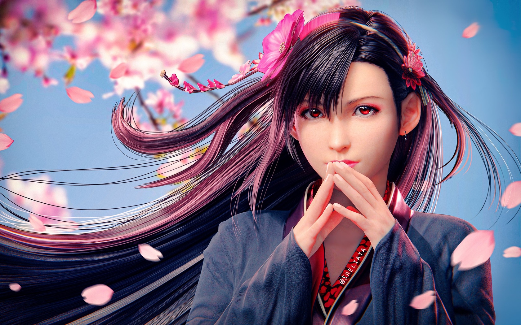 sreliata, tifa lockhart, final fantasy, final fantasy vii, final fantasy vii remake, women, brunette, asian, flowers, digital art, red eyes, kimono, video game girls, video games, long hair