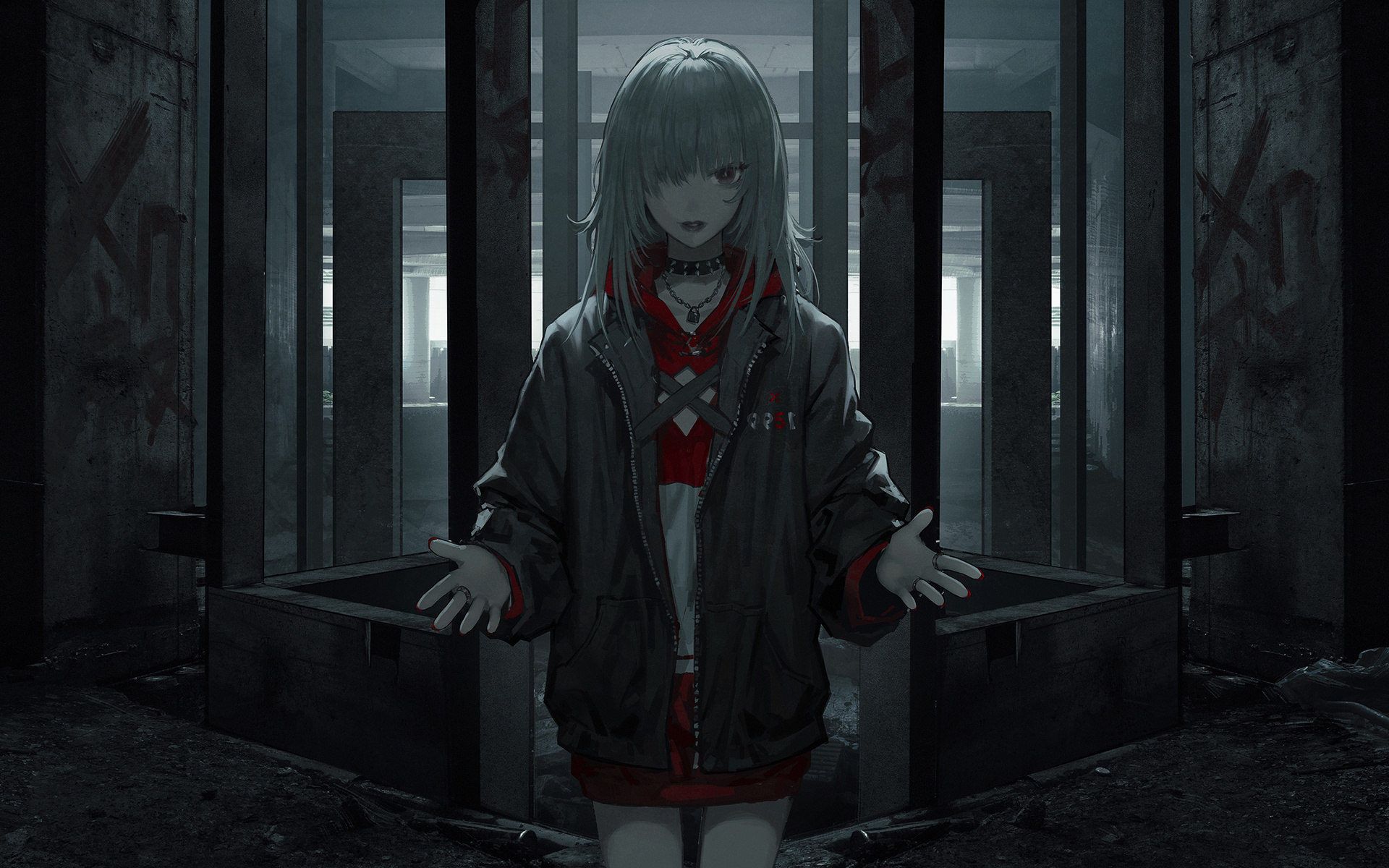 wang xi, digital art, women, sweatshirt, jacket, anime girls, anime, white hair, abandoned, debris, rubble, red nails