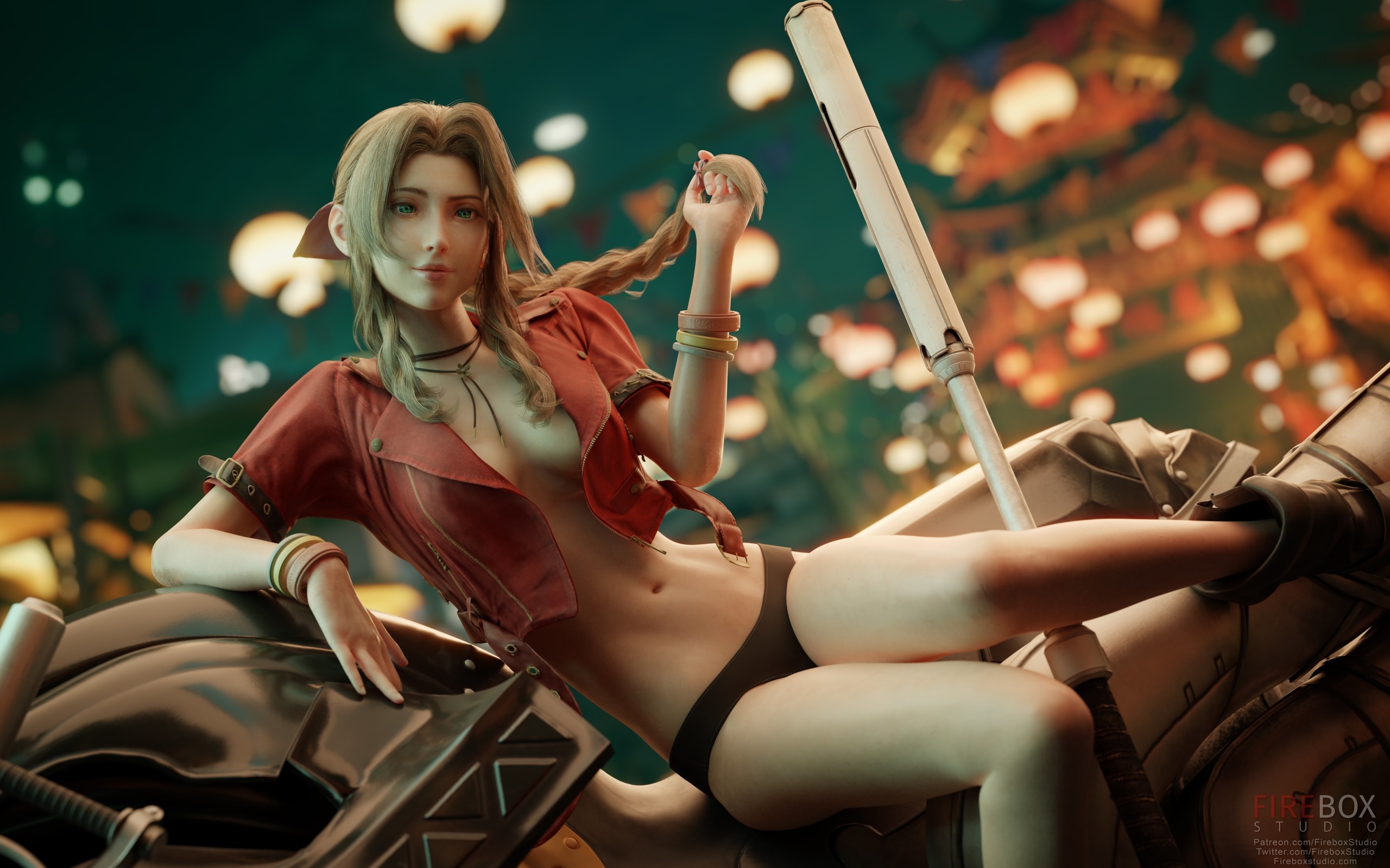 firebox studio, aerith gainsborough, final fantasy vii, final fantasy, women, green eyes, motorcycle, open jacket, 3d, video game girls, video game characters, video games, digital art, leather jacket, braids, cgi, sitting, brown panties, no bra, women wi