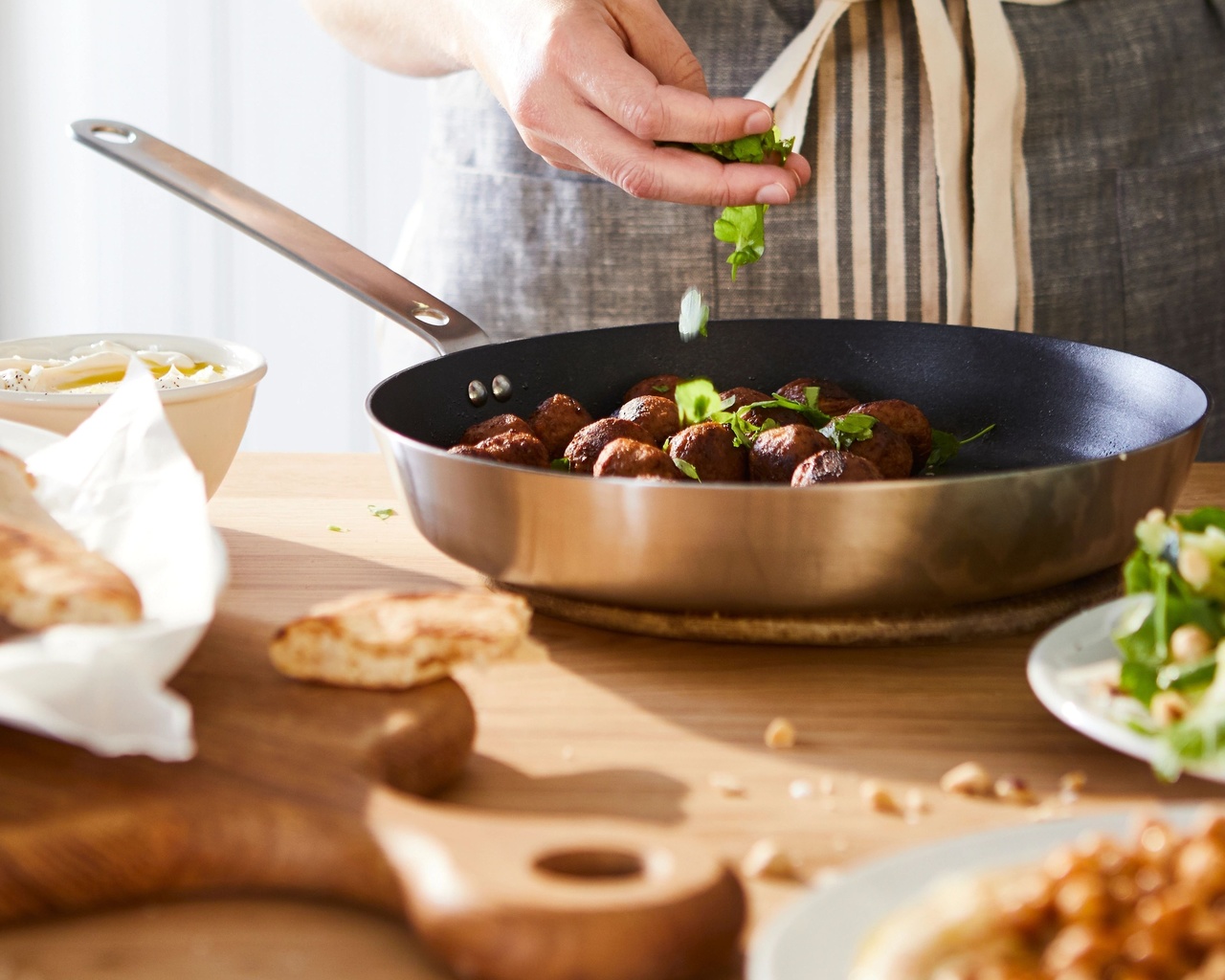 pans, wooden chopping board, ikea, food