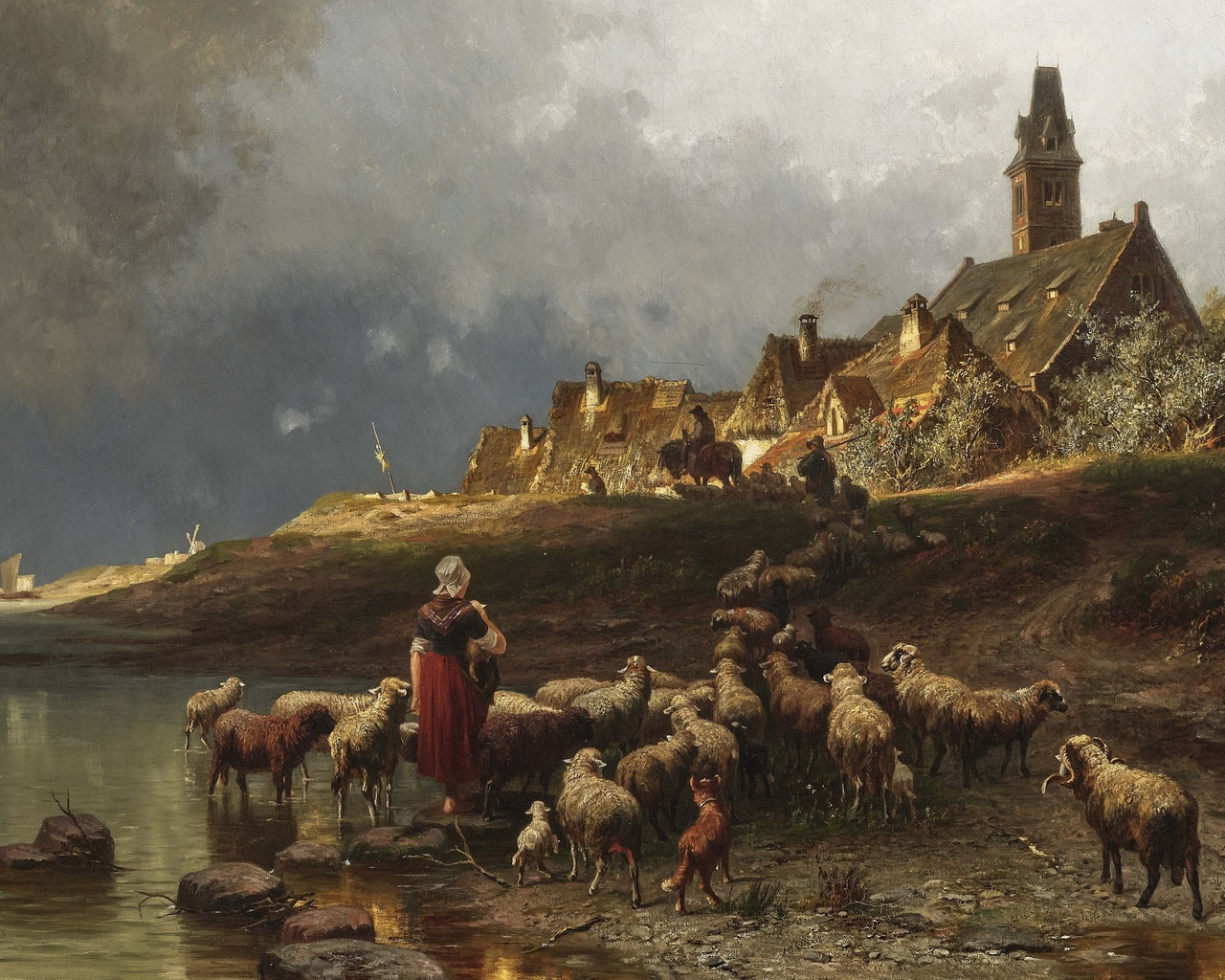 christian mali, german, 1871, dutch coastal landscape with flock of sheep returning home