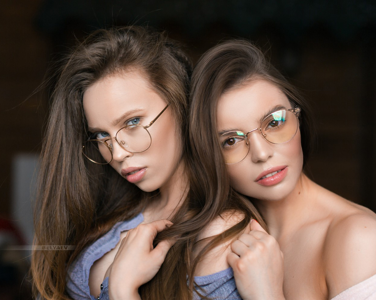 dmitry belyaev, women, model, women indoors, two women, women with glasses, face, neckline, t-shirt