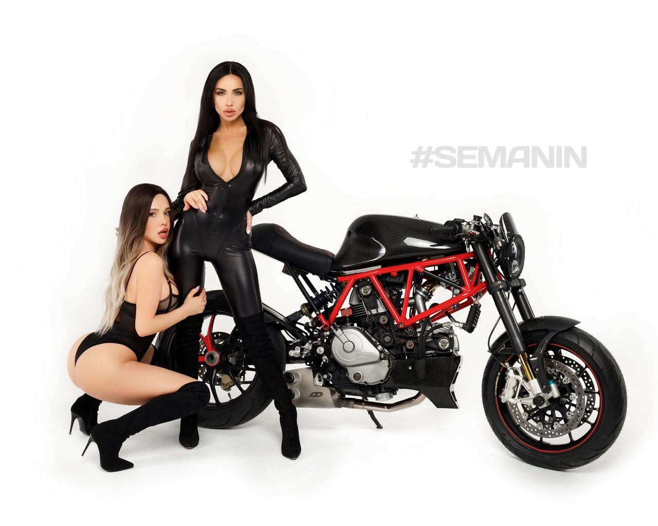 women, motorcycle, two women, white background, aleksandr semanin, black lingerie, black clothing, squatting, ass, open mouth, high heels, nipples through clothing