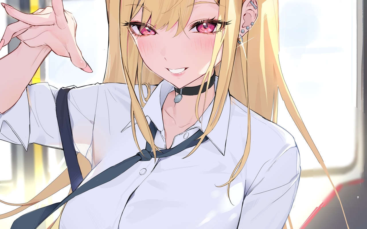 houkiboshi, women, blonde, kitagawa marin, sono bisque doll wa koi wo suru, drawing, digital art, anime girls, anime, schoolgirl, school uniform, tie, necktie, backpack, pink eyes, pierced ear, white shirt, shirt, long hair