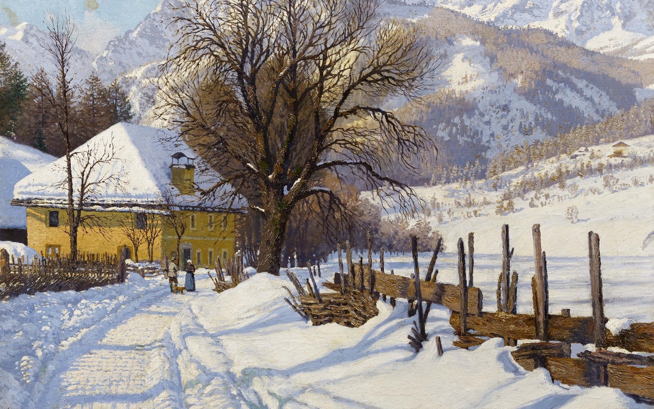 hans ranzoni the elder, austrian, 1920, farm in a sunny winter landscape