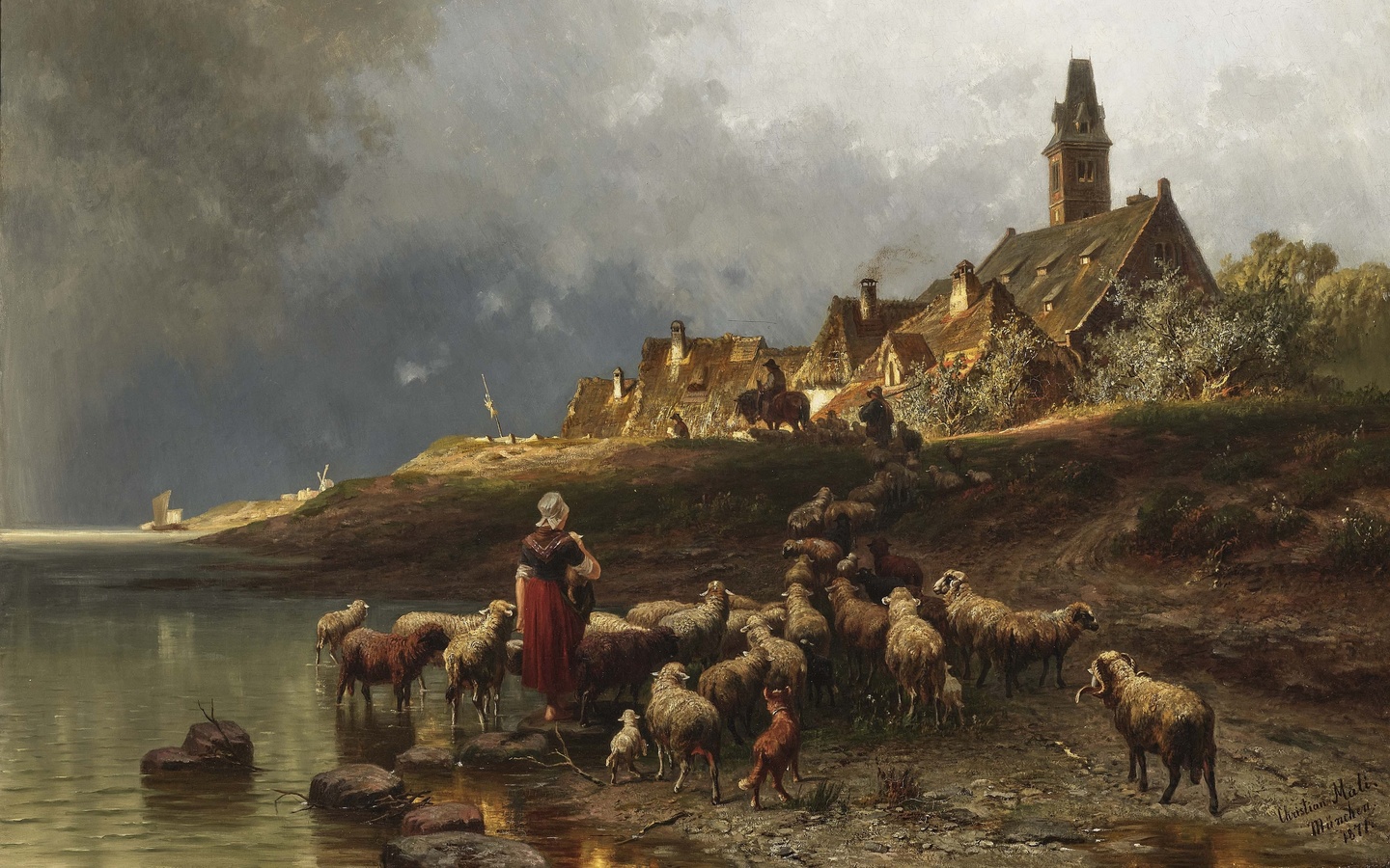 christian mali, german, 1871, dutch coastal landscape with flock of sheep returning home