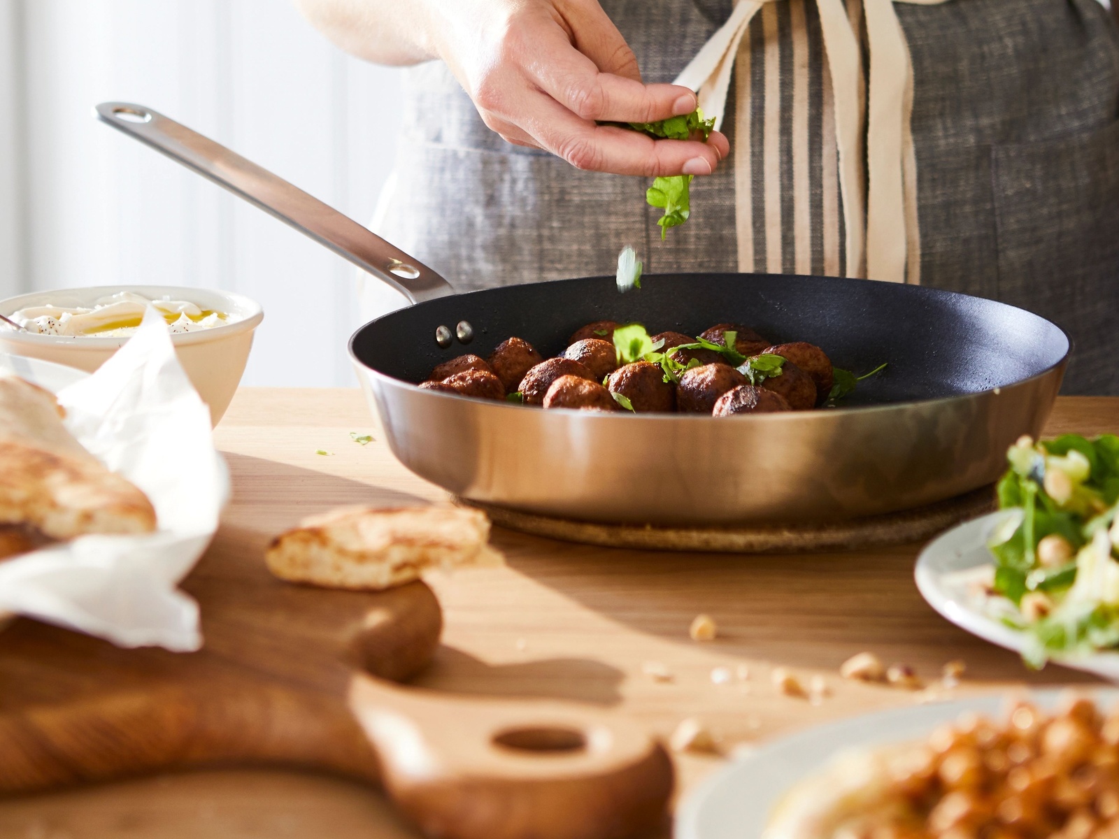 pans, wooden chopping board, ikea, food