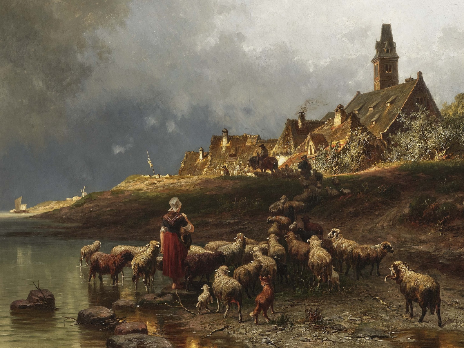 christian mali, german, 1871, dutch coastal landscape with flock of sheep returning home