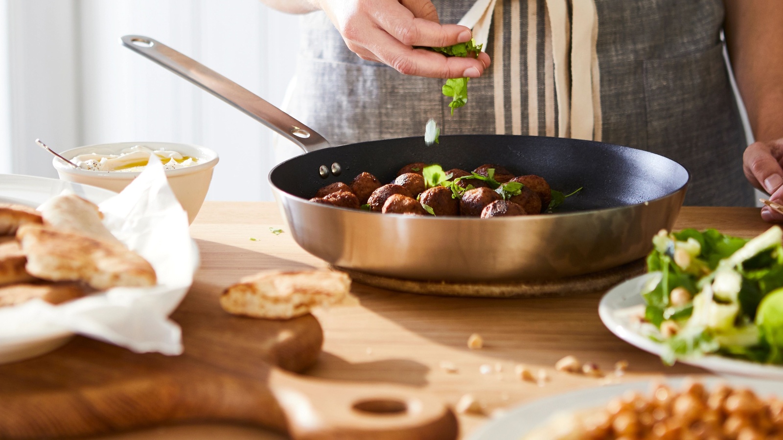 pans, wooden chopping board, ikea, food