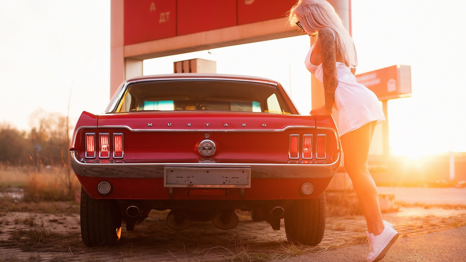 julia abrams, women, model, blonde, women outdoors, ford mustang, muscle car, red car, classic car, tattoo, white dress, dress, sneakers, women with cars, road, women with glasses, sunglasses