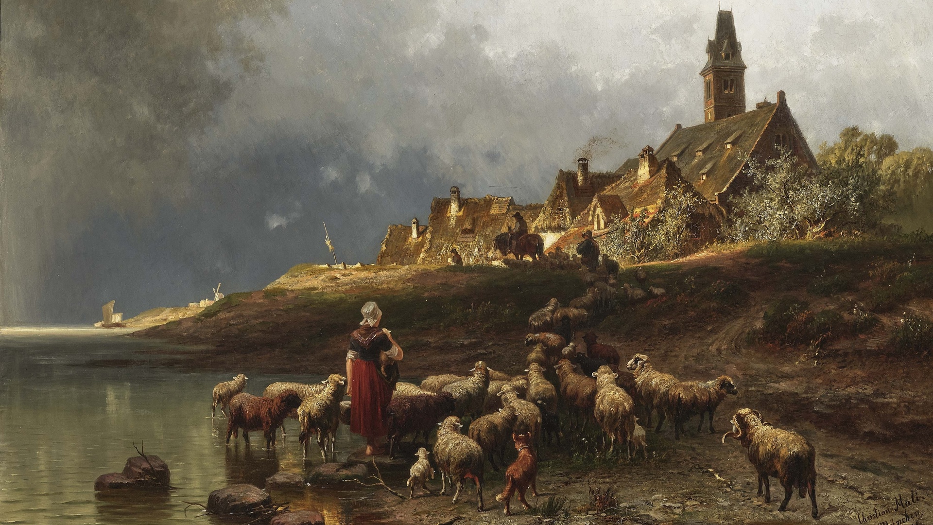 christian mali, german, 1871, dutch coastal landscape with flock of sheep returning home