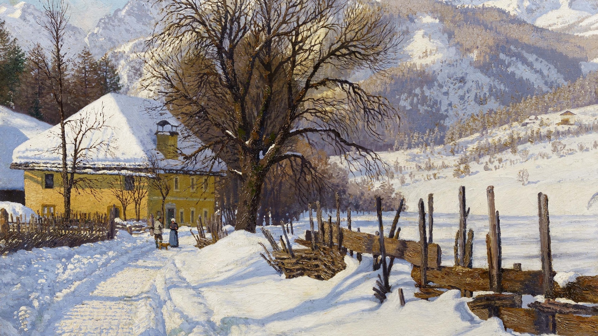 hans ranzoni the elder, austrian, 1920, farm in a sunny winter landscape