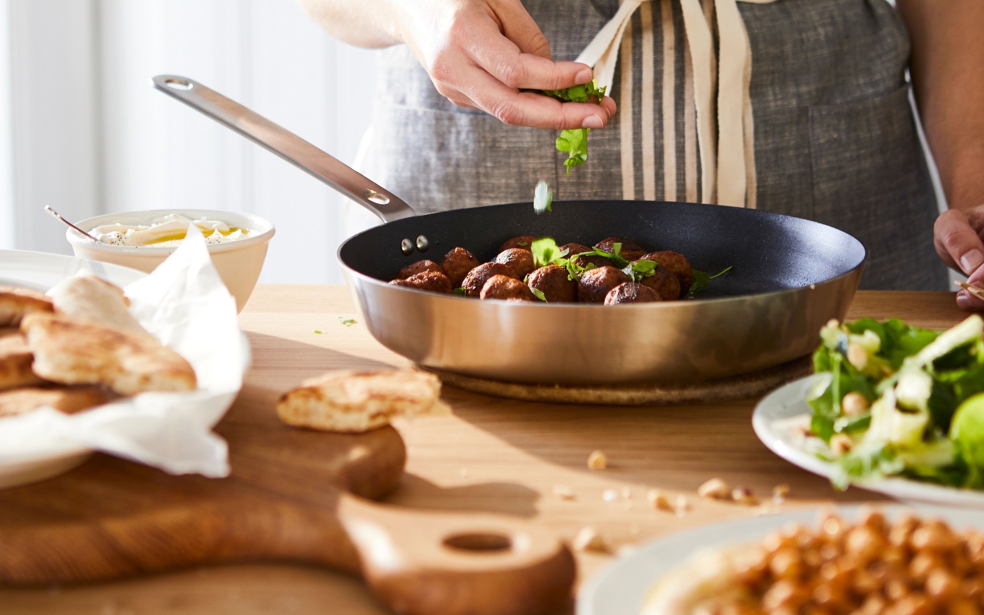 pans, wooden chopping board, ikea, food