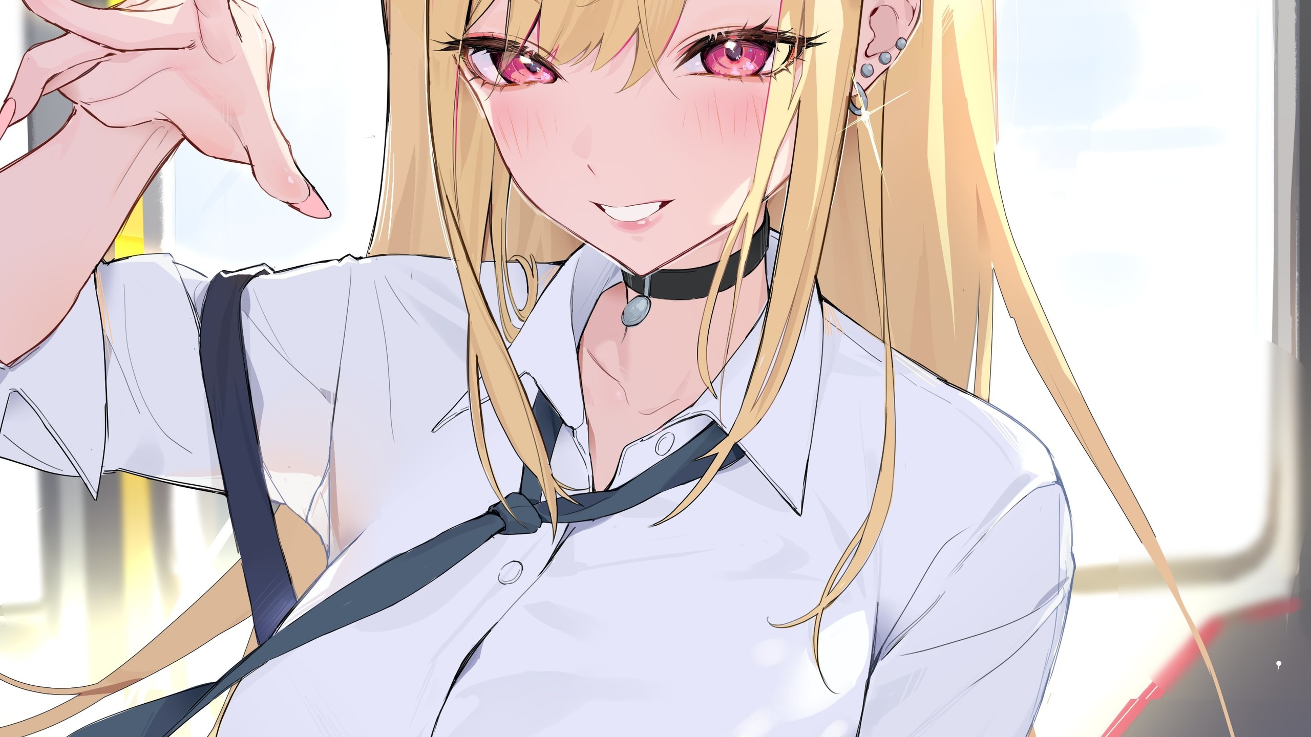 houkiboshi, women, blonde, kitagawa marin, sono bisque doll wa koi wo suru, drawing, digital art, anime girls, anime, schoolgirl, school uniform, tie, necktie, backpack, pink eyes, pierced ear, white shirt, shirt, long hair