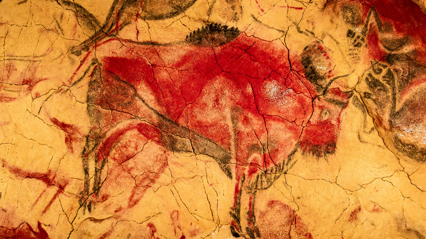 paleolithic rock painting, red bison, altamira cave, spain